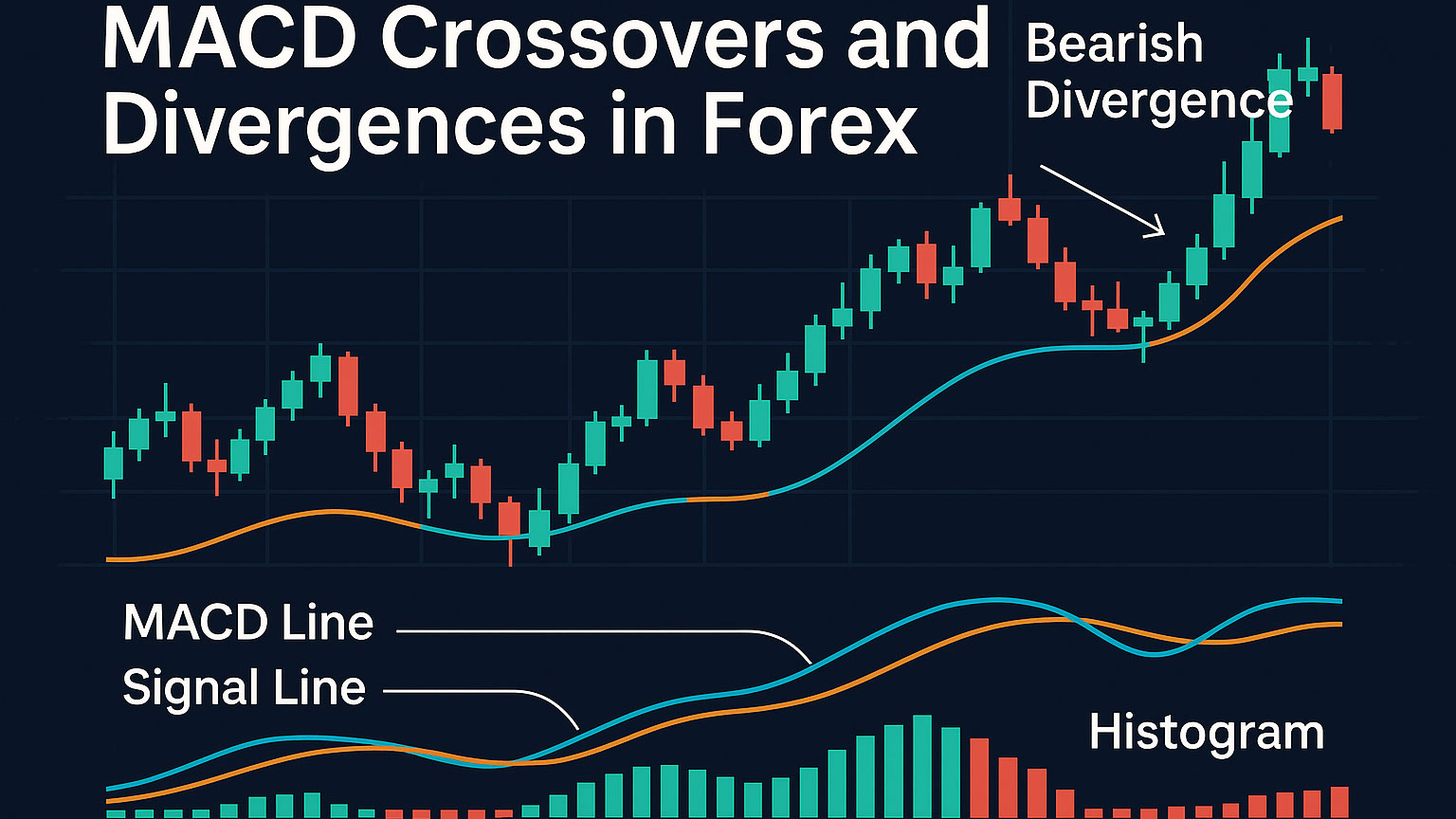 MACD indicator with crossover and divergence on a forex candlestick chart