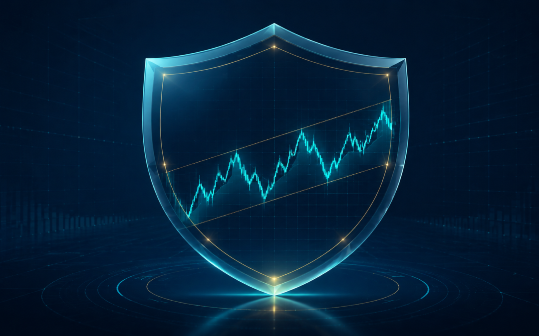 Symbolic cyan risk shield surrounding a fluctuating price path and gold channel lines on a navy background