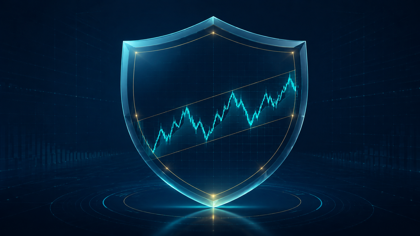 Symbolic cyan shield around a fluctuating price path and gold channel lines