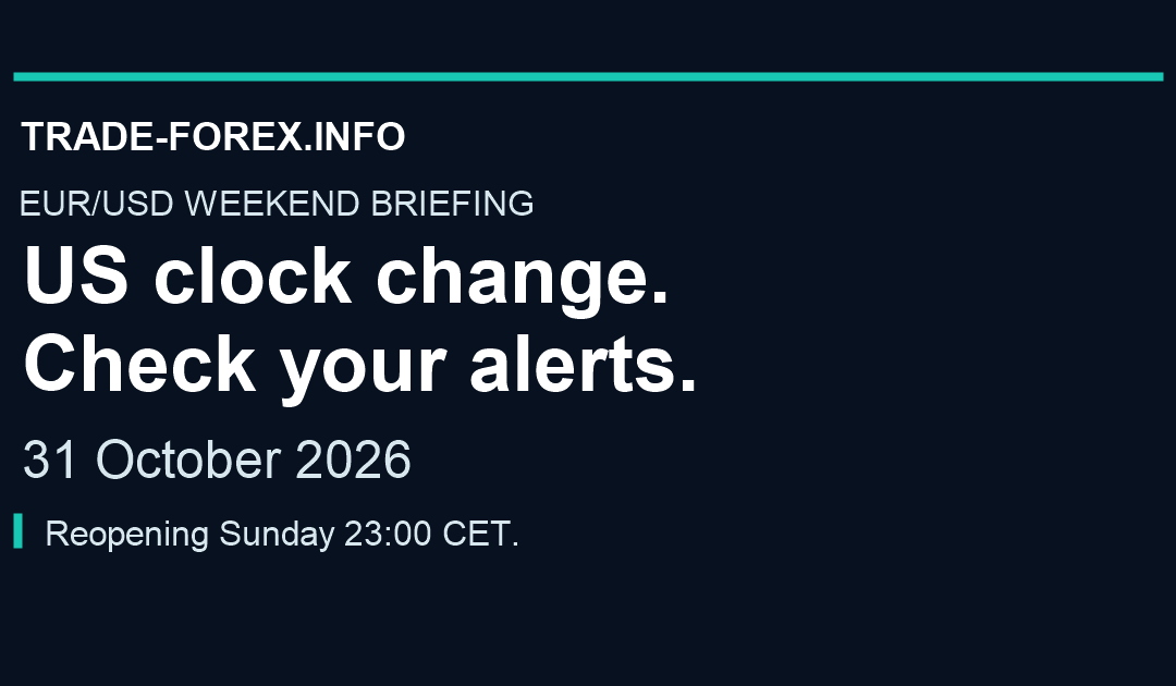Trade-Forex.info. EUR/USD weekend briefing, 31 October 2026. US clock change. Reopening Sunday 23:00 CET. Neutral outlook.
